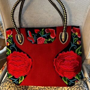 Floral Embroidered Red Tote Bag Shoulder Straps Zipper Closure